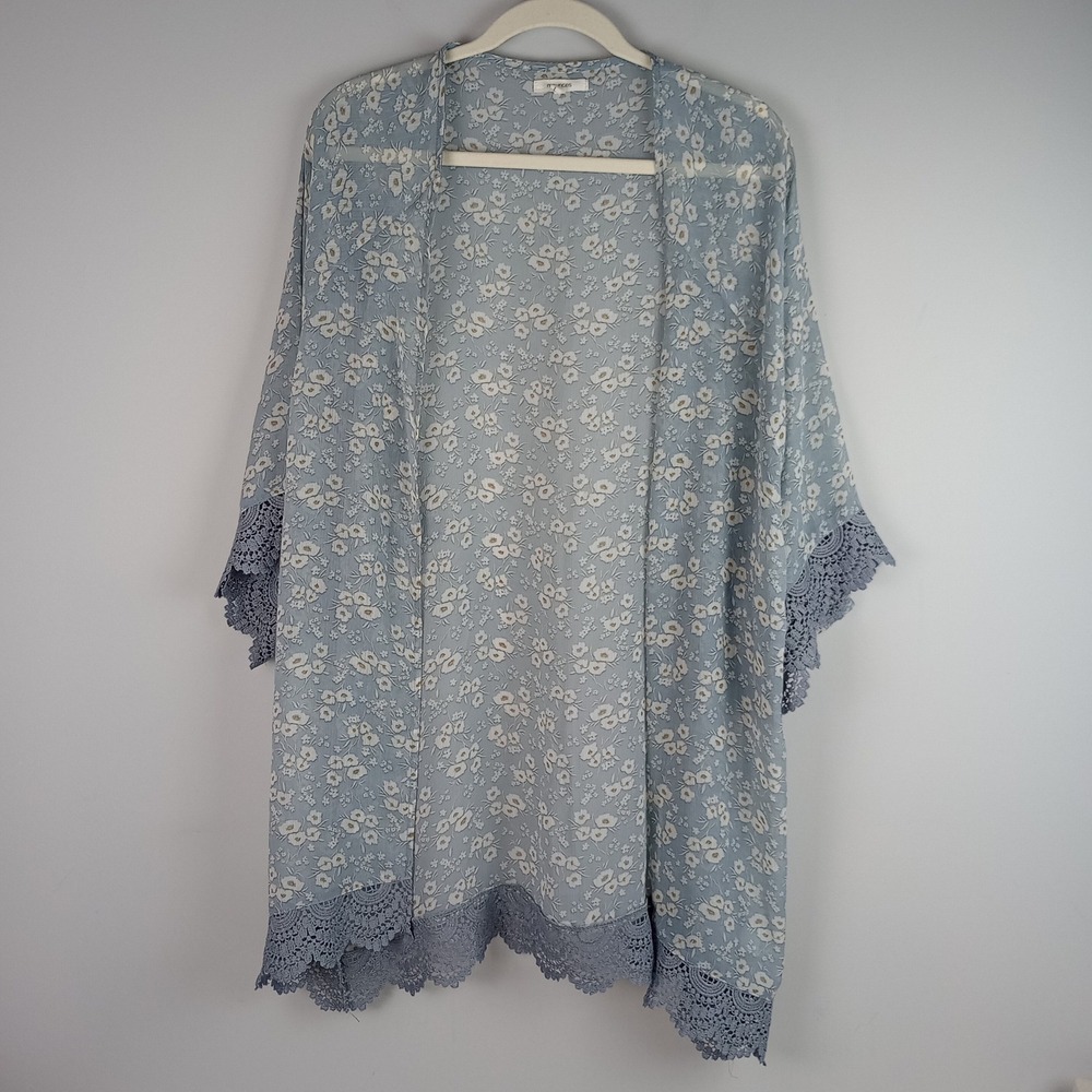 Maurices Womens L Blue Floral Lace Trim Open Front Boho Lightweight Cardigan